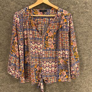 Eclair Blouse Women M Medium Blue Floral V-Neck Long Sleeve Pullover Casual